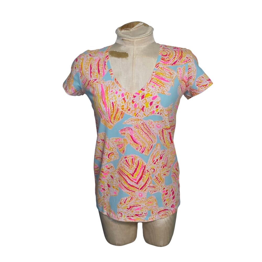 Lilly Pulitzer Michele‎ V-neck top Breakwater Blue Tini Bikini Fish Size Small